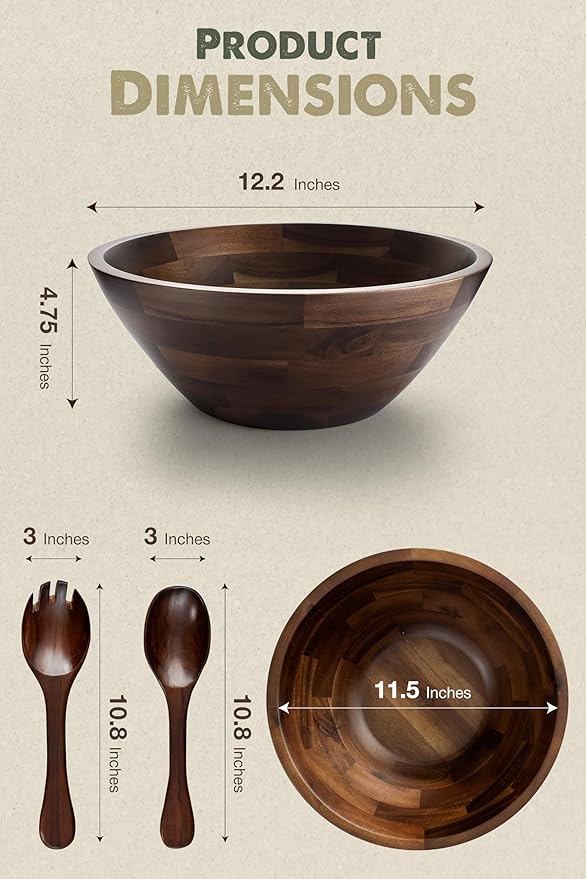 Acacia Wood Salad Bowl Set with Spoon, Fork - Large Salad Bowl with Serving Utensils - Big Mixing Bowl (12.2" Diameter x 4.75" Height) (Walnut Color)