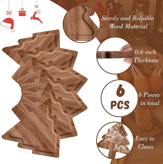 6 Pcs Christmas Appetizer Platter 12 Inch Christmas Cutting Board Acacia Serving Trays Wood Charcuterie Board Tray Snack Dessert Candy Dish Plate for Kitchen Gifts(Christmas Tree)