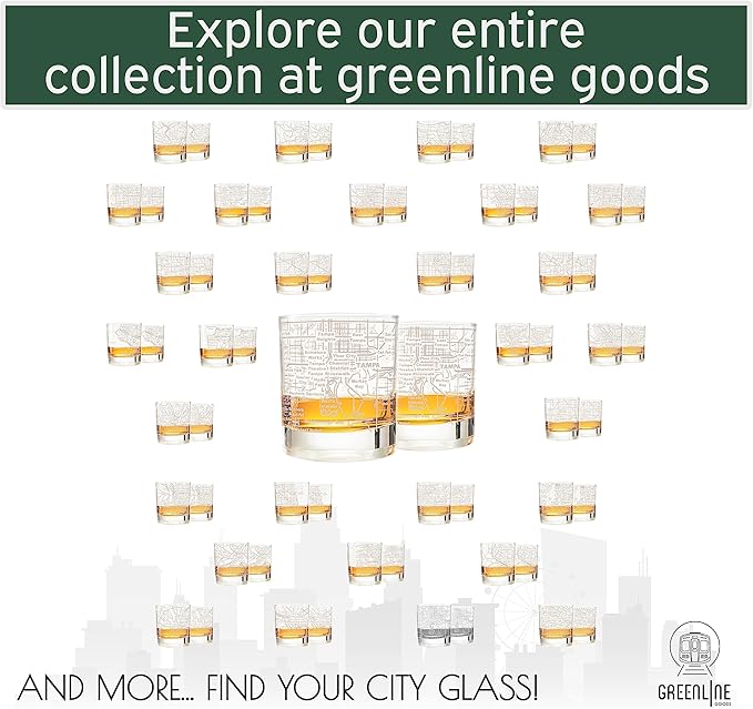 Greenline Goods Whiskey Glasses - 10 Oz Tumbler Gift Set for Tampa lovers, Etched with Tampa Map Old Fashioned Rocks Glass - Set of 2