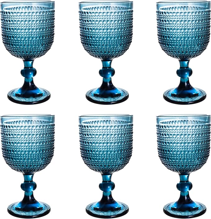 Bandesun Blue Hobnail Wine Glasses Set of 6 - Beads Goblet Glassware Vintage Drinkware
