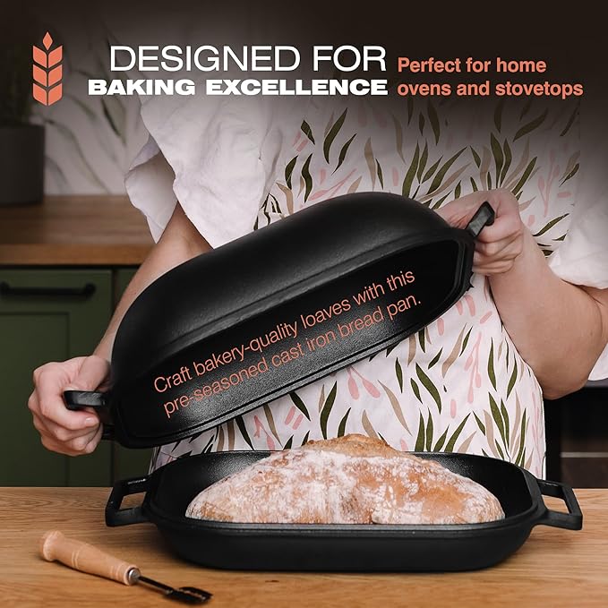 KUHA Cast Iron Bread Pan with Lid + Bread Lame - Black Heavy Duty Cast Iron Loaf Pan for Homemade Breadmaking - Pre-seasoned Bread Oven