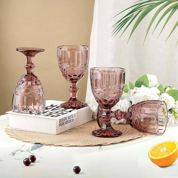 Joeyan Purple Vintage Wine Glasses,Clear Water Goblet Glasses,Stemmed Drinking Glasses with Embossed Pattern,Colored Glassware Set for Wedding Party Banquet Feast,10 oz,Set of 4,Dishwasher Safe
