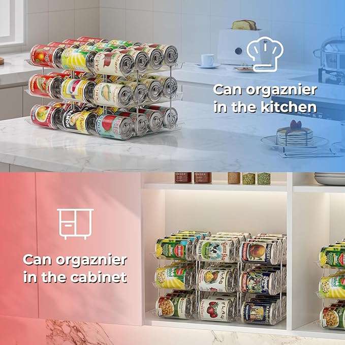 Stackable 3 Tiers Can Organizer Pantry, Canned Food Holder for Fridge Holds 36 Cans, Free Combination & Automatic Rolling, Space Saving Storage for Refrigerator Kitchen Pantry, Clear