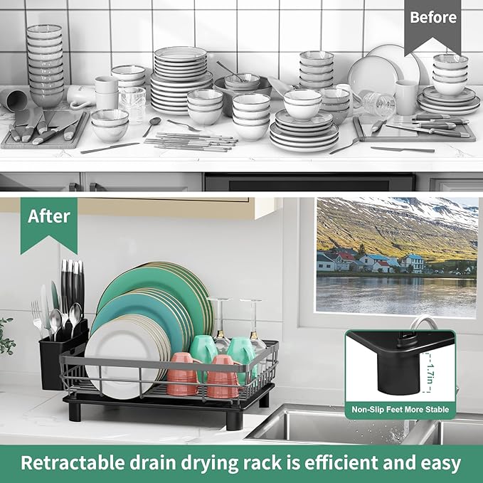 MOUKABAL Dish Drying Rack, Dish Rack, Large Dish Racks for Kitchen Counter, Drying Rack Kitchen with Removable Utensil Holder, Drainboard (Grey/Gray)