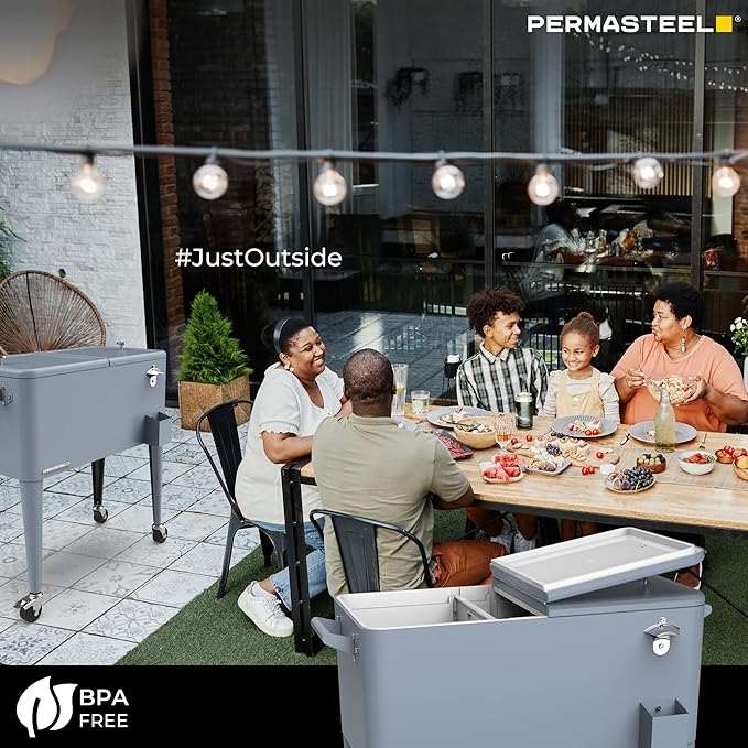 Permasteel 80 Quart Party Cooler, Rolling Ice Chest with Wheels and Handles for Indoor Outdoor Patio