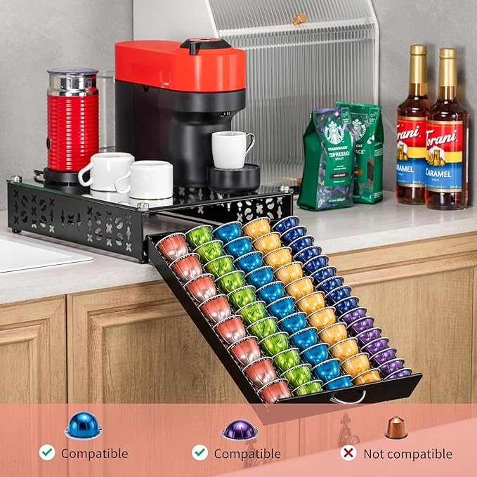 ZCDCP for Coffee Pod Holder, Vertuo Pod Holder Drawer Glass Top Coffee Pod Organizer Storage (50 Pods Capacity)