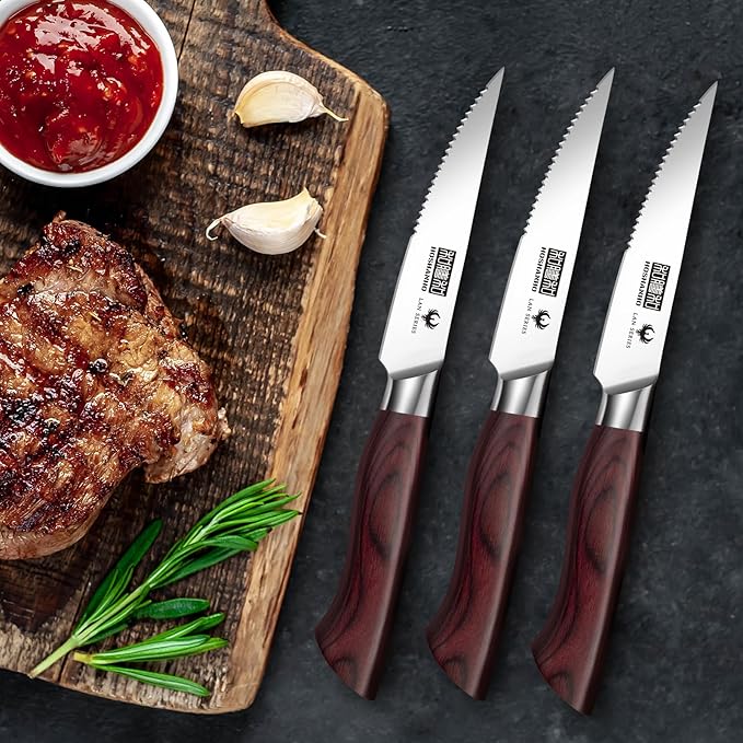 Steak Knife Set 8 Pieces, 4.5 Inch Super Sharp High Carbon Stainless Steel Steak Knife Set, Professional Premium Serrated Precise Cutting with Ergonomic Wood Handle