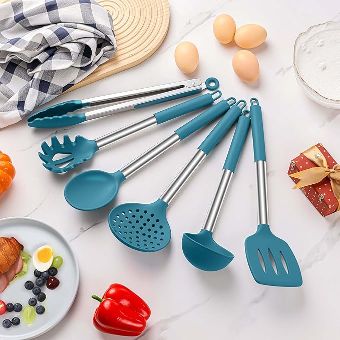 LIANYU Silicone Kitchen Cooking Utensils Set, 6Pcs Heat Resistant Kitchen Tools Spatula for Nonstick Cookware, Slotted Turner, Spoon, Soup Ladle, Pasta Server, Skimmer, Tongs, Blue