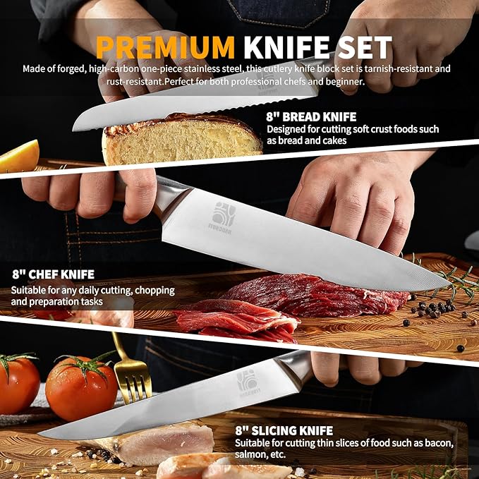 Premium Quality 14-Piece Knife Set with Block, Professional Chef Knife Set - Ultra-Sharp Kitchen Knives with Ergonomic Wood Handle, Ideal for Home, Outdoor, Camping, BBQ, and Gifts for Men