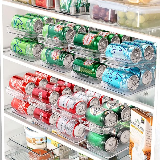 Rolling Soda Can Organizer for Refrigerator Can Dispenser for Beer Soda Seltzer Pop Can Soda Organizer for 10 Standard Size 11.15oz or 12oz Cans Holder Storage Pantry Organization