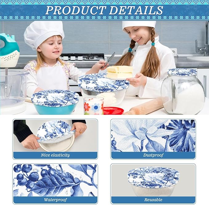 5 Pcs Bowl Covers Reusable in 5 Size Elastic Food Cover Cloth Lids Fresh Keeping Dish Cookware Bakeware Fabric Covers Lids for Food Leftovers Fruits Storage Blue and White