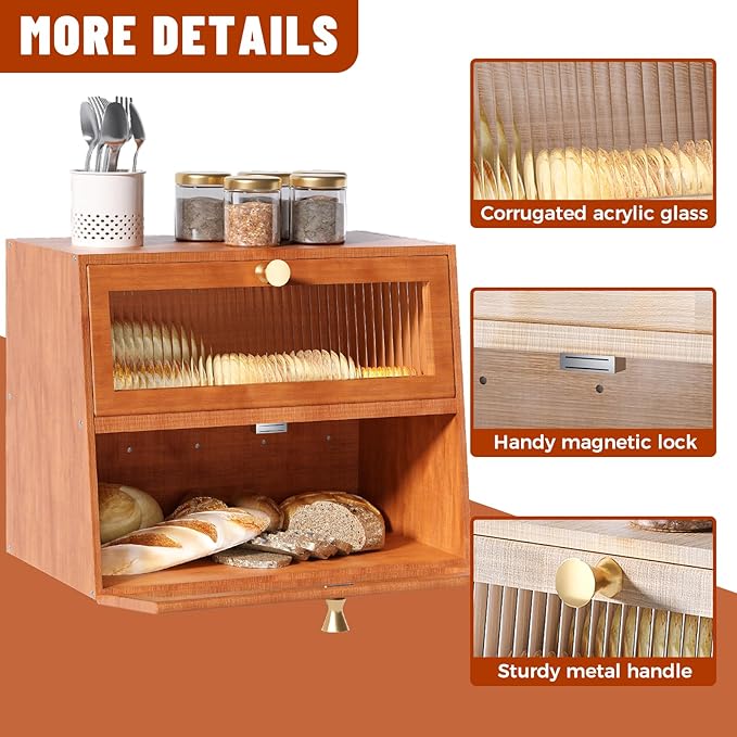 Bread Box for Kitchen Countertop Wooden Bread Bin Farmhouse Bread Storage Container Large Breadbox Holder with Window (Brown)