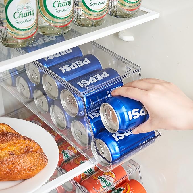 Prsildan Large Soda Can Organizer with Lid, Rolling Soda Can Dispenser for Refrigerator, Clear Acrylic Drink Dispenser for Fridge Organizer Bins Stackable Pantry Storage - Holds 12 Cans Each