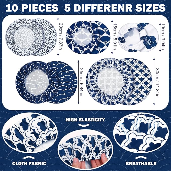 Patelai 10 Pcs Bowl Covers Reusable in 5 Size Stretch Cloth Fabric Elastic Food Storage Bowl Covers Bread Sourdough Lids for Proofing Food Fruits Leftover (Japanese)
