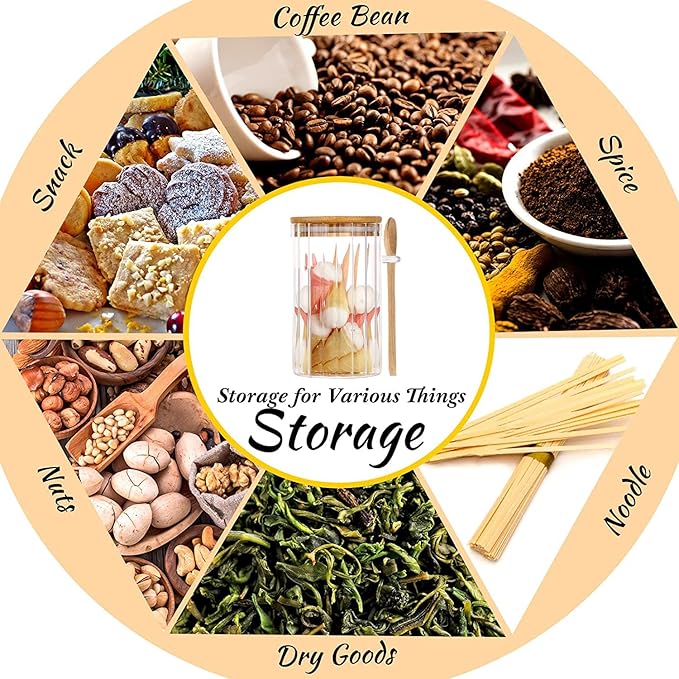 24 FL OZ Airtight Glass Jar with Bamboo Spoons Lids Overnight Oats Container Decorative Coffee Bar Food Storage Jar Cereal Nuts Salts Coffee Tea Flour Sugar Container Spice Jar