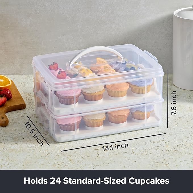 Snapware (2-Layer, 24 Cupcakes Plastic Detachable Cupcake Carrier Storage Container With Lid and Handle, Freezer Dishwasher Microwave Safe