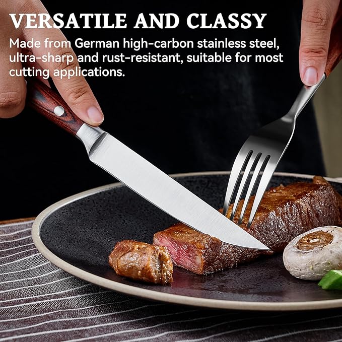 AmHoo Steak Knives Set of 6 Non Serrated 4.8-inch German High Carbon Stainless Steel Ultra Sharp Handle Pakkawood with Gift Wooden Box