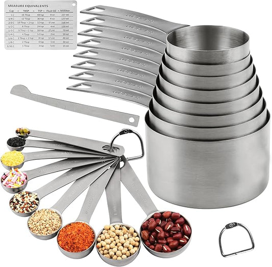 19-Piece Stainless Steel Measuring Cups & Spoons Set, Magnetic Conversion Chart, Metric 8 Cups 9 Spoons