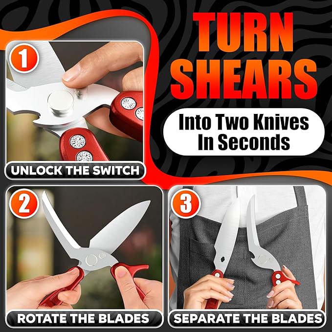 4-in-1 Kitchen Shears Heavy Duty – Sharp Fish, Seafood, Turkey & Chicken Scissors with Non-Slip Metal Handle & Micro-Serrated Blades for Meat – Spring-Loaded Bone Cutting Scissors with Safety Lock