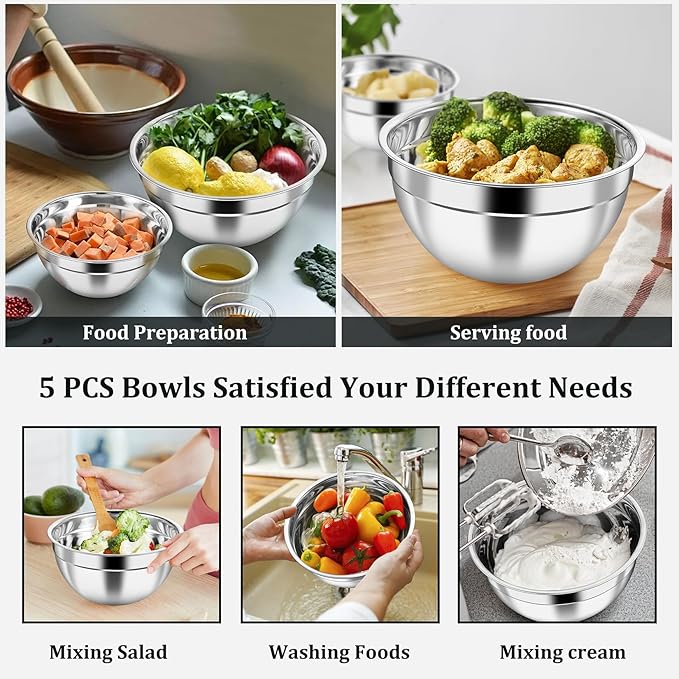 P&P CHEF Mixing Bowls with Visible Airtight Lids Set of 5, 10-Piece Stainless Steel Mixing Nesting Bowl, Metal Bowl with Lid for Kitchen Prepping & Storing, Size 4.6, 3, 1.5, 1, 0.7 QT, Black