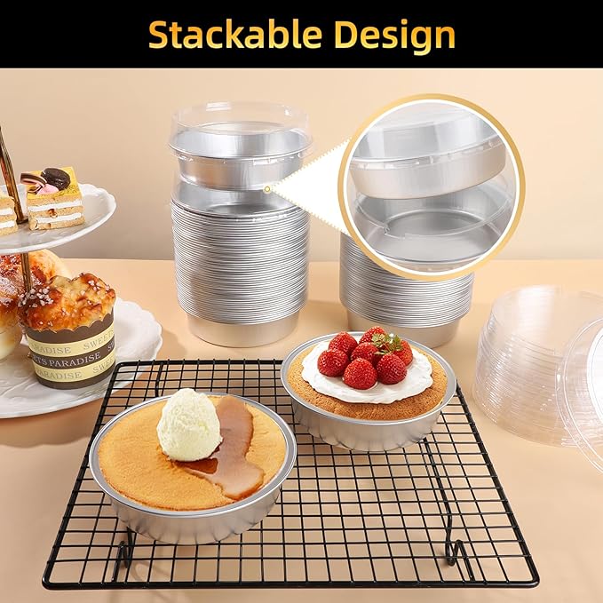 Beasea Mini Pie Pans with Lids, 120 Pack 4 Inch 8oz Disposable Mini Cake Pans Creme Brulee Aluminum Foil Pie Tart Ramekins Tins Silver Small Individual Round Containers Oven Safe for Baking