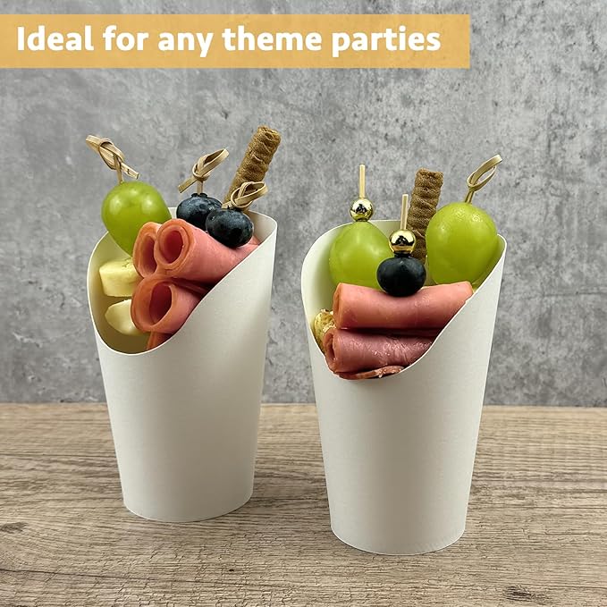 CAMKYDE 50 Sets Disposable Charcuterie Cups with Sticks and Bags, 12 oz White Paper Snack Appetizers Cup French Fry Holder with Cocktail Picks Toothpicks (50 Cups+50 Bags+200 Sticks)