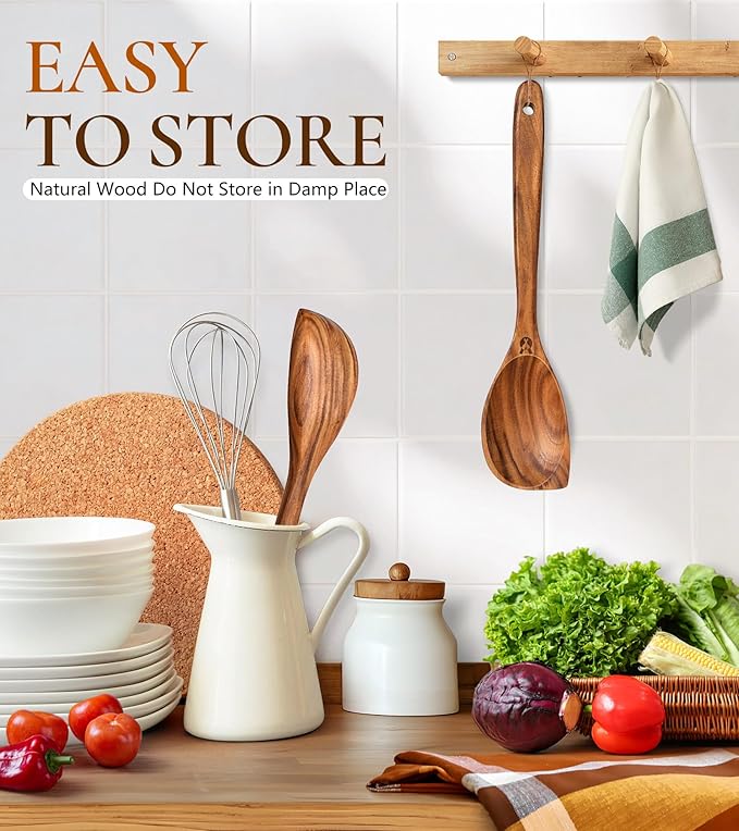 Wooden Spoons for Cooking, Natural Premium Teak Wood Corner Spoon, Good Grip Large Wooden Spoons & Wooden Spatula, Heat Resistant Wooden Cooking Utensils for Nonstick Cookware Cooking Gift - Left Hand