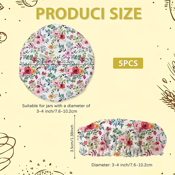 Sourdough Starter Jar Covers,5-Pack Reusable Watercolor Floral Flowers Cloth Lids for 3-4 Inch Jars,Ideal for Kombucha Kefir or Cheese Fermentation