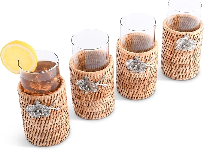 Vagabond House Stylish Set Of 4 Rattan Wicker Tall Drinking Glasses With Pewter Black Orchid, Ideal For Botanic Garden And Native Species Enthusiasts, Acts As Coaster at Poolside Florida - Removable