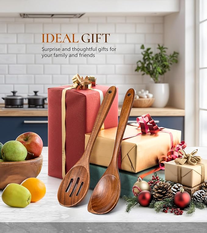 2Pcs Wooden Spoons for Cooking, Natural Premium Teak Wood Corner Spoon & Slotted Spoon, Good Grip Large Cooking Spoons Spatula, Heat Resistant Wooden Kitchen Cooking Utensils Set for Nonstick Cookware