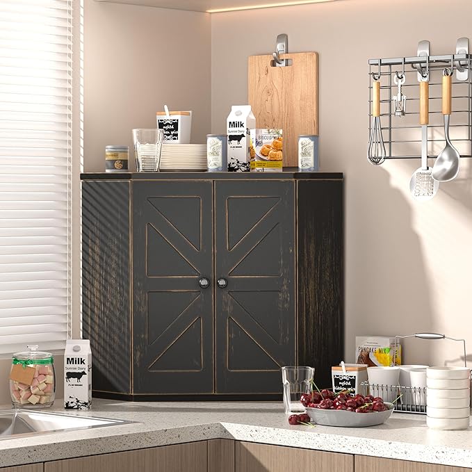 Corner Bread Box for Kitchen Countertop, Storage Container for Homemade Bread, Double Layer BreadBox, Large Capacity Bread Storage Bin, Vintage Farmhouse Breadbox Organizer,Antique Black