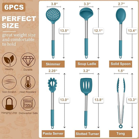 LIANYU Silicone Kitchen Cooking Utensils Set, 6Pcs Heat Resistant Kitchen Tools Spatula for Nonstick Cookware, Slotted Turner, Spoon, Soup Ladle, Pasta Server, Skimmer, Tongs, Blue