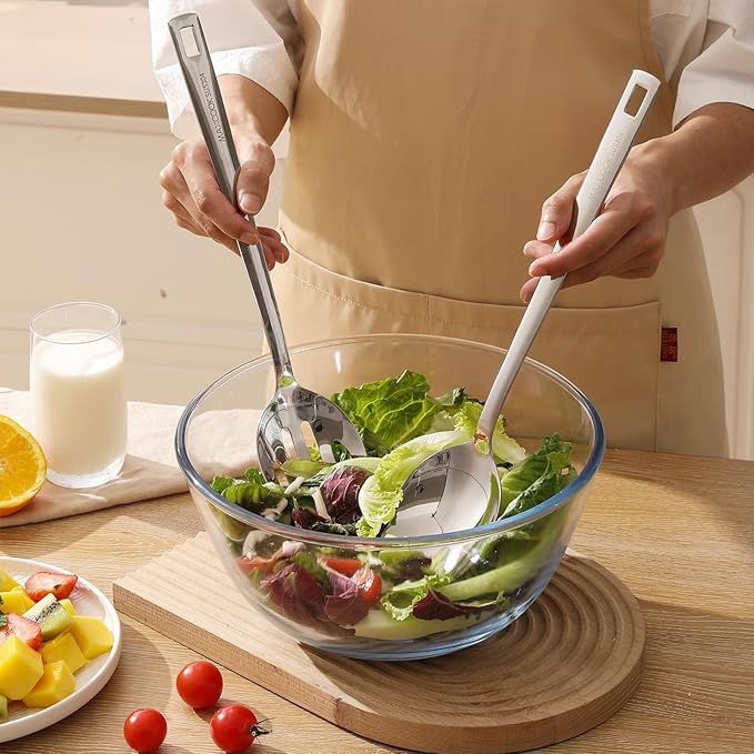 18/8 Stainless Steel Cooking Spoons Set - 2-Piece Solid Slotted Serving Spoon Cooking Utensils set for Pasta, Veggies, Salads (Dishwasher-Safe)