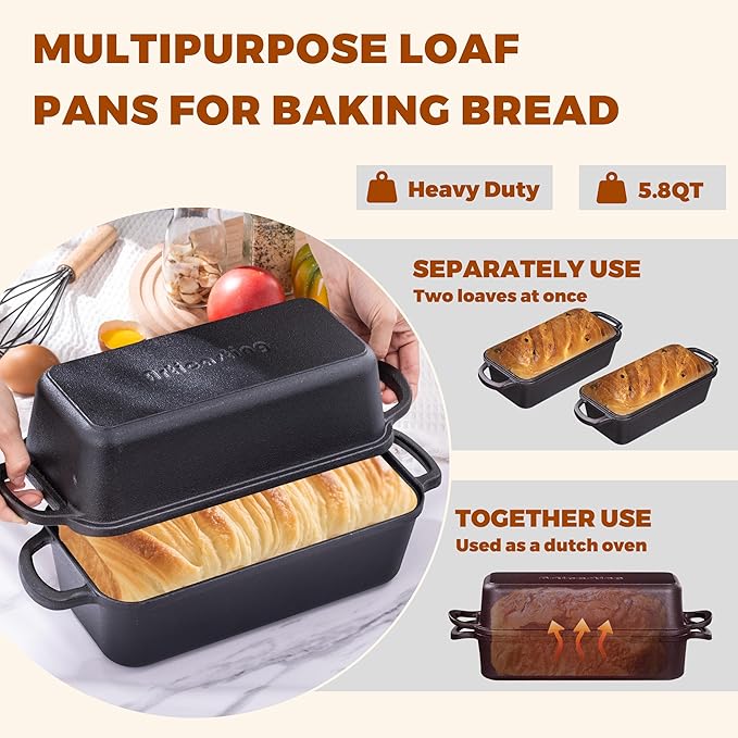 11x5 Inch Cast Iron Bread Loaf Pan With Lid，5.8 Qt Large Loaf Pan For Sourdough Bread Baking, Pre-Seasoned Heavy Duty Dutch Oven Bread Pan For a Crispy Crust