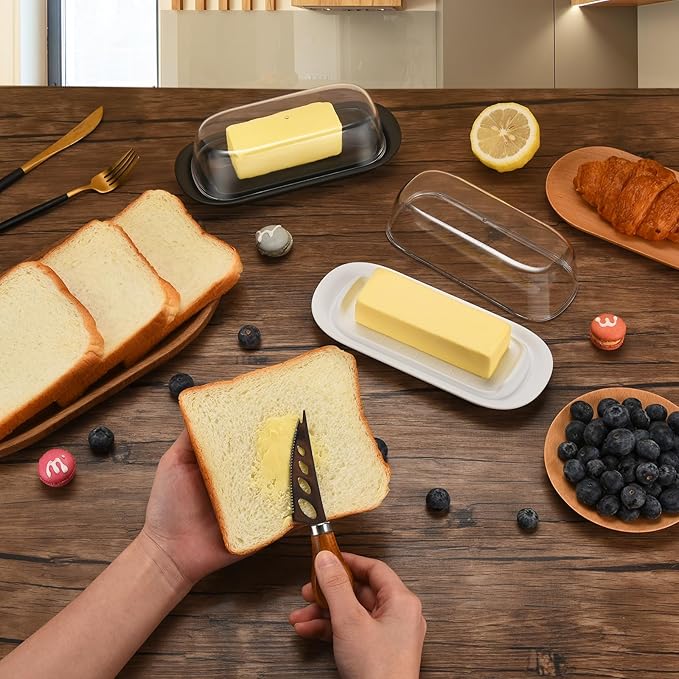 Butter Dish with Clear Lid, Butter Keeper, Easy Scoop,Butter Container Holds for East/West Coast Butter, Dishwasher Safe(White)