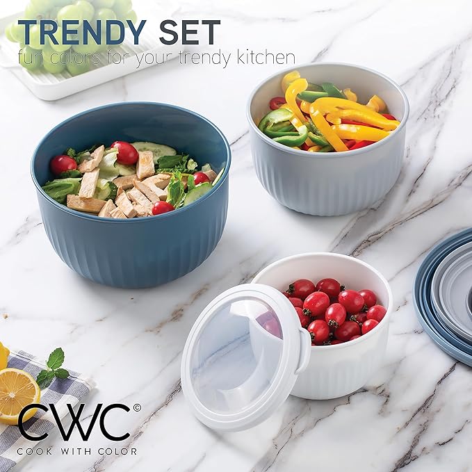 COOK WITH COLOR Prep Bowls with Lids- Wide and Deep Nesting Plastic Small Mixing Bowl Set with Lids, 12 Piece Set - Deep Bowls, Blue/Grey