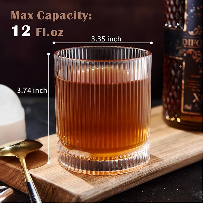 Ribbed Whiskey Glasses Set of 4, 12 Oz Lead-Free Crystal Heavy Base Barware Glass, Perfect for Bourbon Rocks Cocktail Scotch Drinking