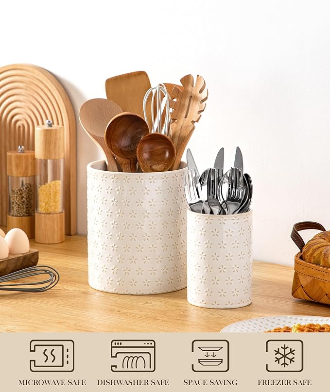 MALACASA LYDIA Ceramic Utensil Holders, 7.3"+5.5" Kitchen Utensil Crock Set for Countertop, Large & Small Utensil Organizers for Cooking Tools, Five-Leaf Grass Pattern