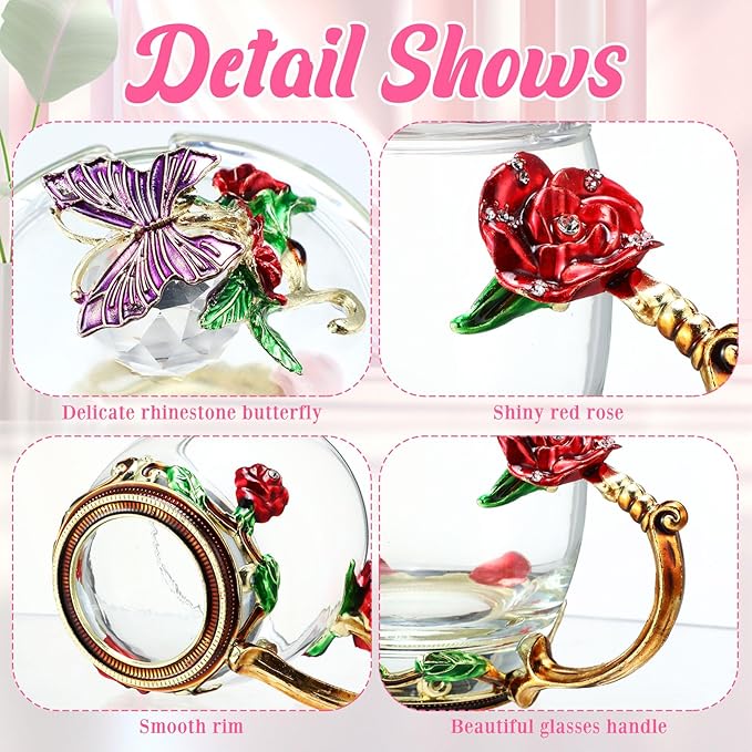 Nuanchu 4 Sets Flower Glass Tea Cups with Lids and Spoon Butterfly Vintage Glass Coffee Mugs Floral Fancy Clear Teacup for Christmas Women Mom Wife Girlfriend(Pink, Purple, Blue, Red,11 oz)