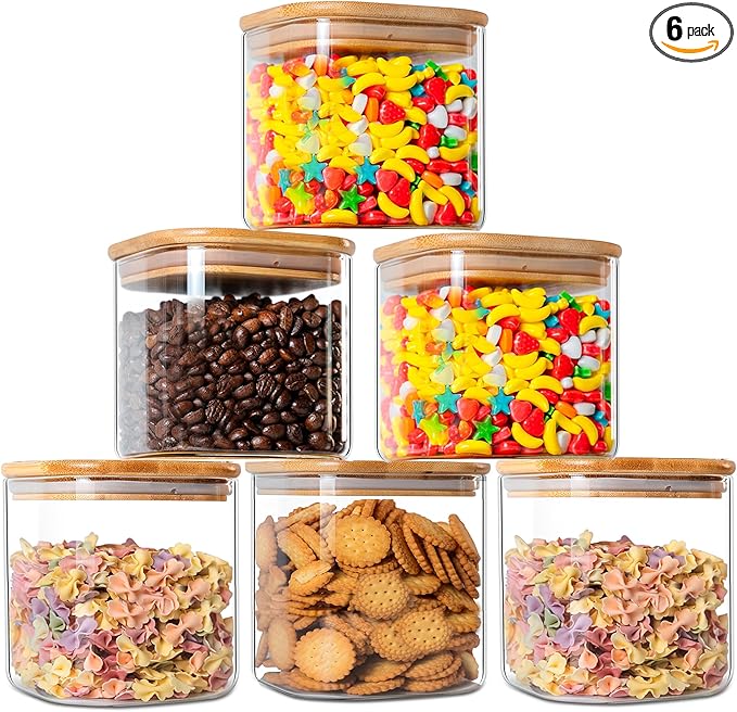YUNCANG Glass Storage Jars 27oz [Set of 6],Clear Glass Food Storage Containers with Airtight Bamboo Lid Stackable Kitchen Canisters for Candy,Cookie,Rice,Sugar,Flour,Pasta(Square)