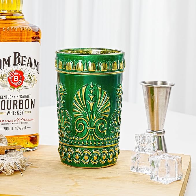 Sungmor Vintage Green and Gold Tumblers - Set of 2 Embossed Glasses, 10.8 oz Decorative Drinking Cups for Water, Juice or Cocktails - Elegant Baroque Glassware for Party or Special Occasions