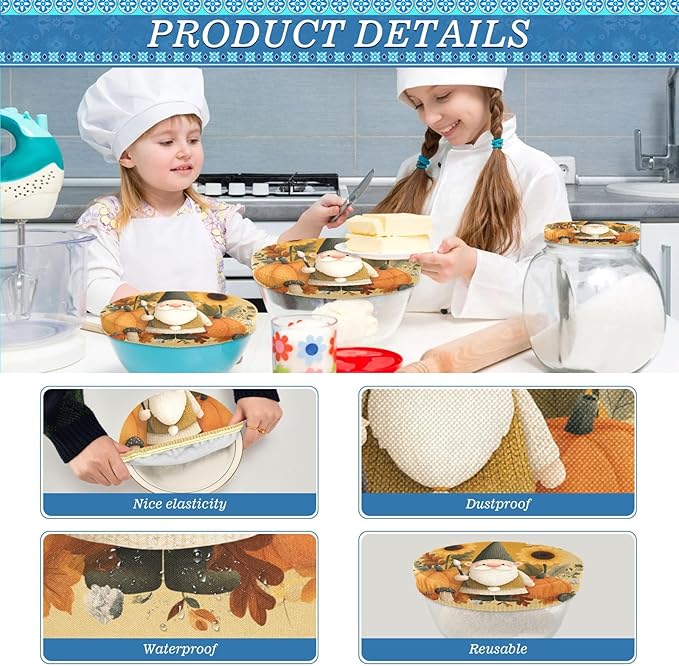 5 Pcs Bowl Covers Reusable in 5 Size Elastic Food Cover Cloth Lids Fresh Keeping Dish Cookware Bakeware Fabric Covers Lids for Food Leftovers Fruits Storage Fall Gnome Pumkin Sunflowers Tha