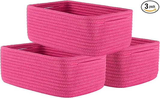 Small Woven Basket, 12 x 8 x 4.5 Inches, Storage Basket for Organizing, Cute Small Rope Shelf Closet Cube Storage Bins Baskets for Shelves, Dog Toy Gift Baskets Empty, 3 Packs, Hot Pink