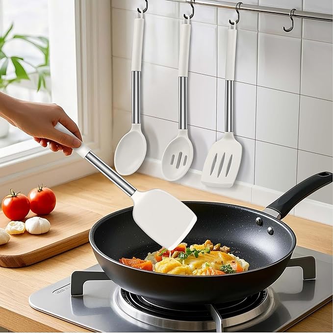 LIANYU Silicone Spatula and Cooking Spoon, 4 Pack Kitchen Cooking Utensils Set for Non-stick Cookware, Heat Resistant Solid & Slotted Spoons and Spatulas, Stainless Steel Handle, White