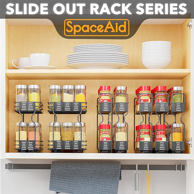 SpaceAid Pull Out Spice Rack Organizer for Cabinet, Heavy Duty Slide Out Seasoning Kitchen Organizer, Cabinet Organizer, with Labels, 7.7" W x10.75 D x10 H, 3 Drawers 2-Tier