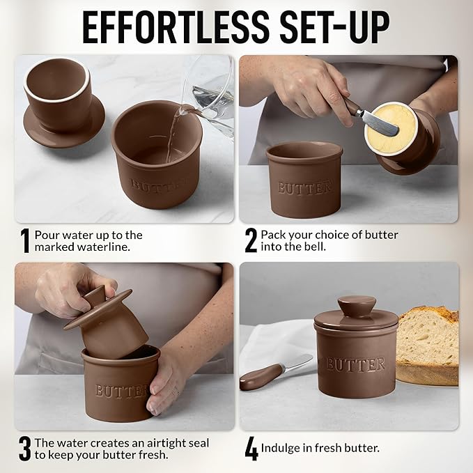 Zulay Kitchen Butter Crock With Lid & Spreader Knife for Countertop - Ceramic French Butter Dish Keeper For Fresh & Spreadable Butter - Coffee