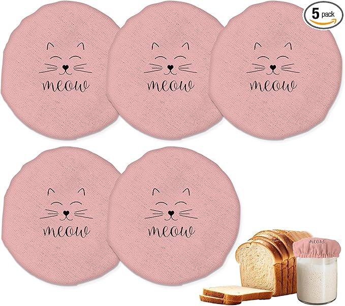 Cute Meow Cat Sourdough Starter Jar Covers Reusable,Breathable Fabric Lids for Mason Jars,Wide Mouth and Regular Mouth(5 Pack)