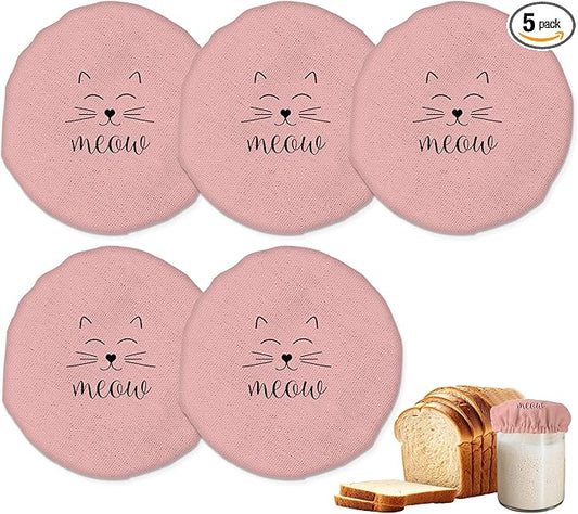 Cute Meow Cat Sourdough Starter Jar Covers Reusable,Breathable Fabric Lids for Mason Jars,Wide Mouth and Regular Mouth(5 Pack)