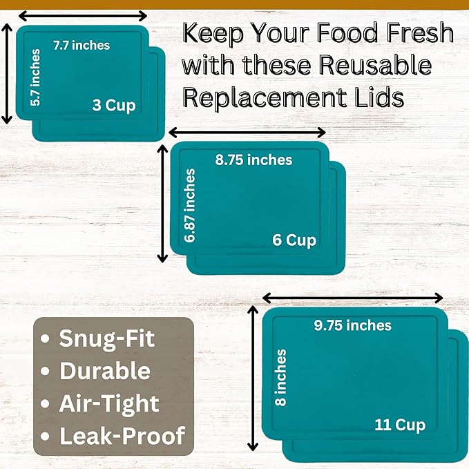 3, 6 & 11 Cup Turquoise Replacement Lids/Covers for Pyrex, Anchor Hocking & KlareWare Storage Bowls *Lids Only Glass Container Not Included* (6 Pack *Two of Each Size*)