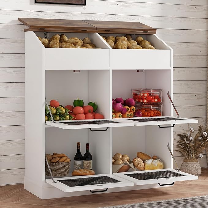 Large Wood Veggie Bin for Potato,Bread,Onion With 6 Large Storage Space. Root Vegetable Storage Box For Kitchen, Farmhouse Wood Potato Box With 4 Mesh Doors,32 * 12.4 * 36 INCH(White)
